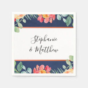 Watercolor Coral Floral Navy Blue Wedding Napkin