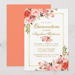 Watercolor Coral Floral Quinceanera Gold Frame Invitation