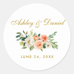 Watercolor Coral Gold Floral Wedding Classic Round Sticker