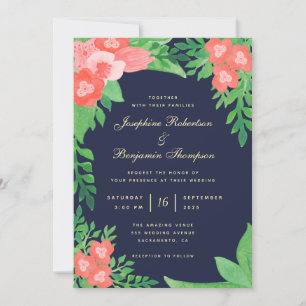 Watercolor Coral & Green Floral Navy Blue Wedding Invitation