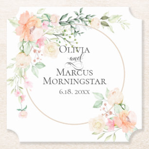 Watercolor Coral Ivory Blooms and Foliage Paper Coaster