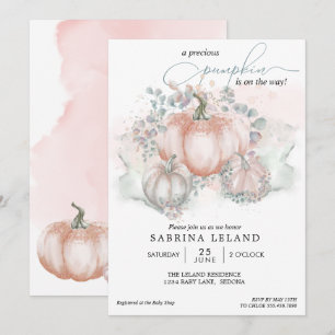 Watercolor Coral Little Pumpkin Baby Shower Invitation