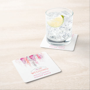 Watercolor coral orange pink custom wedding square paper coaster
