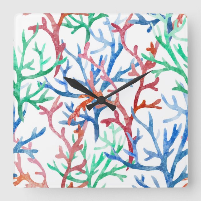 Watercolor Coral Pattern Square Wall Clock (Front)