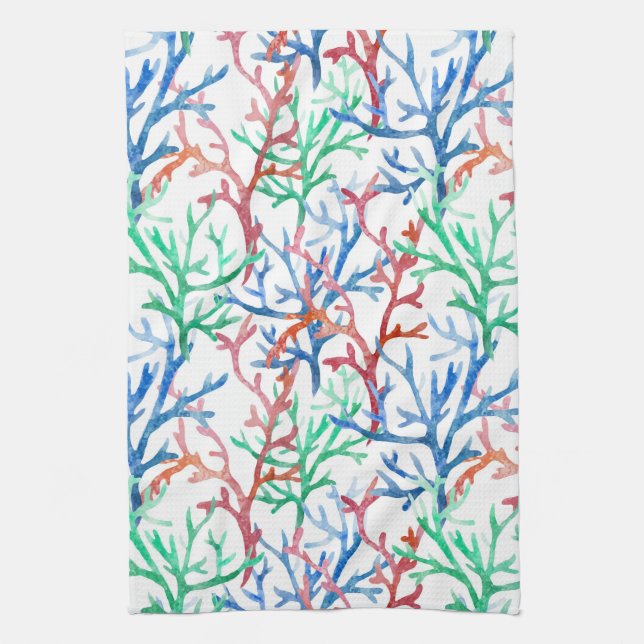 Watercolor Coral Pattern Tea Towel (Vertical)