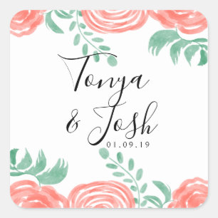 Watercolor Coral Peony Modern Wedding Square Sticker