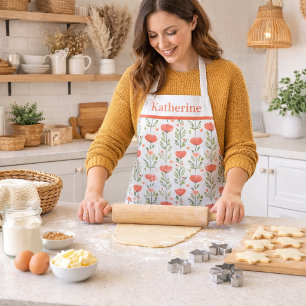 Watercolor Coral Pink Poppy Floral Apron