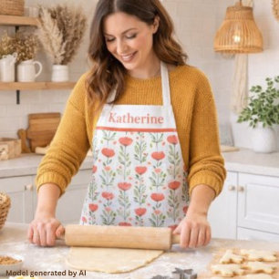Watercolor Coral Pink Poppy Floral Apron