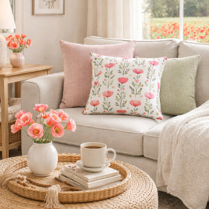 Watercolor Coral Pink Poppy Floral Cushion