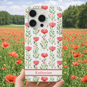Watercolor Coral Pink Poppy Floral iPhone 15 Pro Case