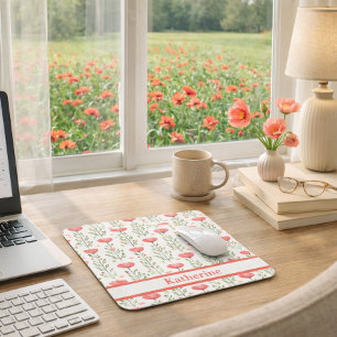 Watercolor Coral Pink Poppy Floral  Mouse Mat