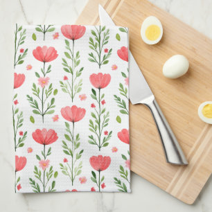 Watercolor Coral Pink Poppy Floral Tea Towel