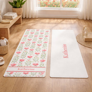 Watercolor Coral Pink Poppy Floral Yoga Mat