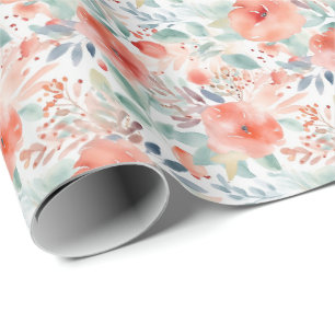 Watercolor Coral Red Floral Romantic Spring Wrapping Paper