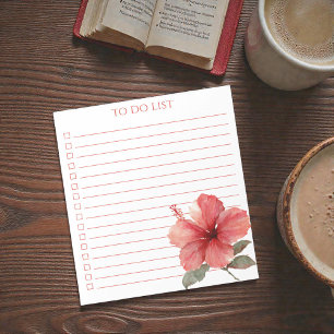 Watercolor Coral Red Hibiscus To Do List Tropical  Notepad