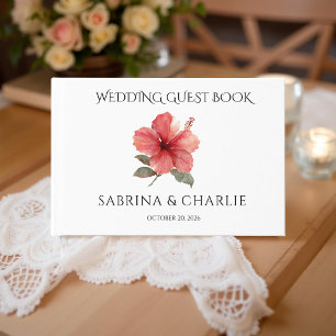 Watercolor Coral Red Hibiscus Tropical Wedding  Guest Book