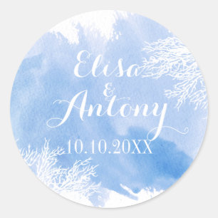 Watercolor coral reef wedding blue Save the Date Classic Round Sticker