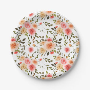 Watercolor Coral Rose Floral Pattern   Paper Plate