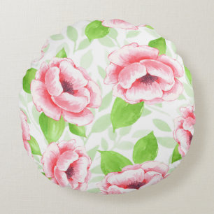 Watercolor Coral Rose - Romantic Floral Round Cushion