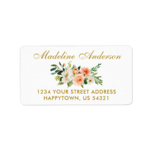 Watercolor Coral White Floral Gold Return Address Label