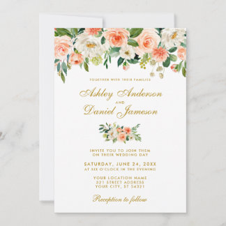 Watercolor Coral White Floral Gold Wedding Invitation