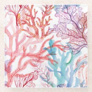 Watercolor corals: underwater world pattern. glass coaster