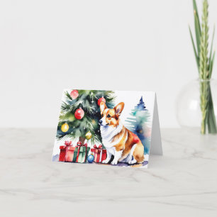 Watercolor Corgi in front of Christmas Tree Holiday Card