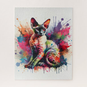 Watercolor Cornish Rex Cat Colorful Portrait Jigsaw Puzzle