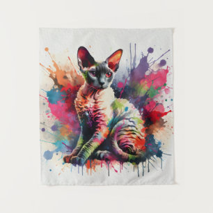 Watercolor Cornish Rex Cat Colourful Portrait Tapestry