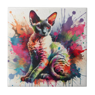 Watercolor Cornish Rex Cat Colourful Portrait Tile