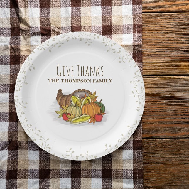 Watercolor Cornucopia Custom Thanksgiving Paper Plate (Give Thanks Thanksgiving Watercolor Cornucopia Paper Plate.)