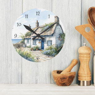 Watercolor Cornwall Seaside Cottage Wall Clock
