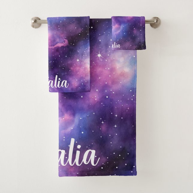 Watercolor Cosmic Blue Purple Galaxy Nebula Bath Towel Set (Insitu)