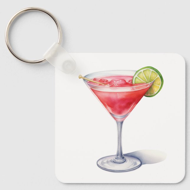 Watercolor Cosmopolitan Cocktail Drink Key Ring (Front)