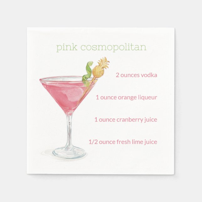 Watercolor Cosmopolitan Cocktail Recipe Napkin (Front)