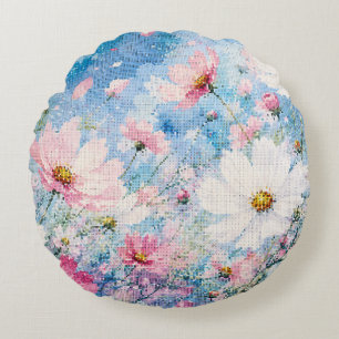 Watercolor Cosmos Blossoms in Geometric Style Round Cushion