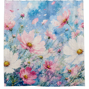 Watercolor Cosmos Blossoms in Geometric Style Shower Curtain