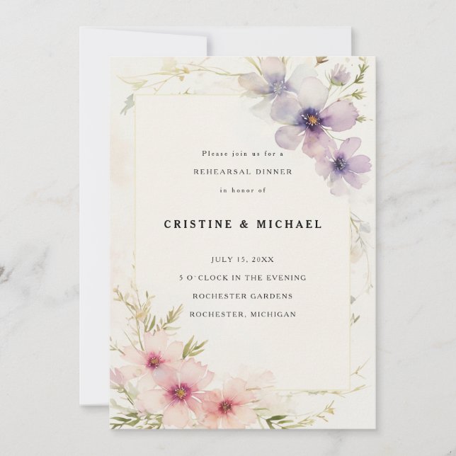 Watercolor cosmos flowers rehearsal dinner invitation (Front)