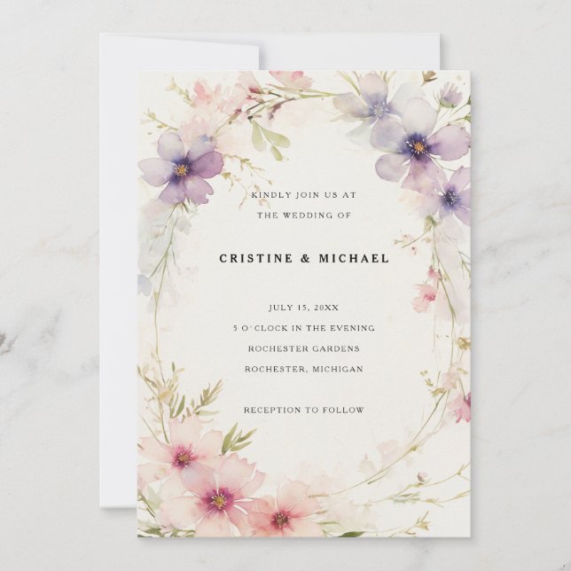 Watercolor cosmos flowers wedding invitation (Front)