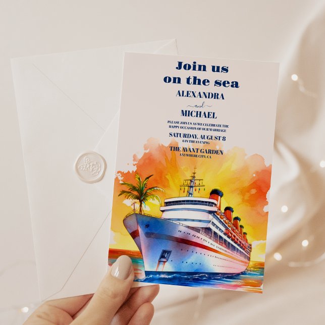 Watercolor Costal Seascape Beach Cruise Wedding Invitation (Creator Uploaded)