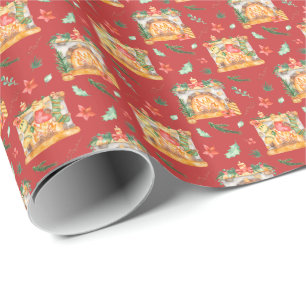 Watercolor Cosy Christmas Fireplace Red Pattern Wrapping Paper