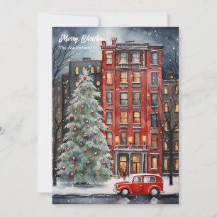 Watercolor cosy festive Christmas city tree Holiday Card