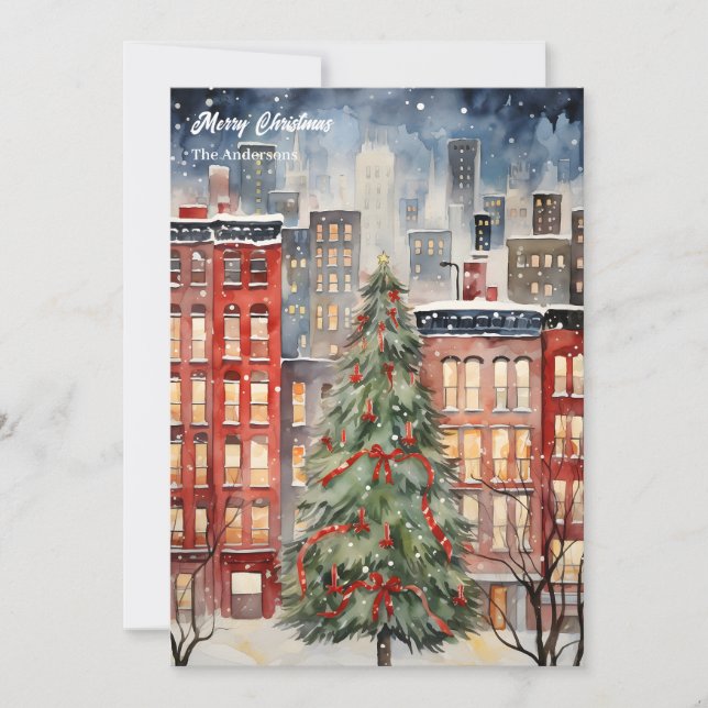 Watercolor cosy festive Christmas city tree Holiday Card (Front)