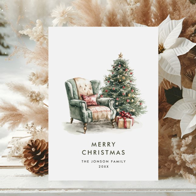 Watercolor Cosy Home Christmas Tree Holiday Card (Creator Uploaded)