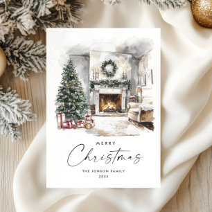 Watercolor Cosy Home Christmas Tree Holiday Card