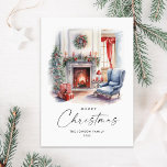 Watercolor Cosy Home Christmas Tree Holiday Card<br><div class="desc">You can change the colour of the "Merry Christmas" words. You can do it in the Zazzle editor,  feel free to contact me if you need details on how to do it,  or if you need any other help or new item. I respond soon.</div>
