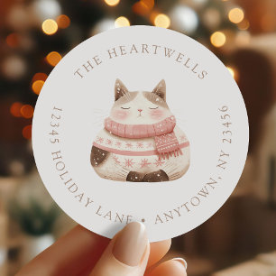 Watercolor Cosy Pink Cat Christmas Return Address Classic Round Sticker
