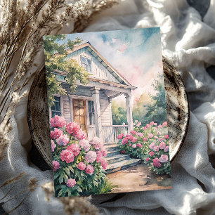 Watercolor cosy white house pink peonies garden tissue paper