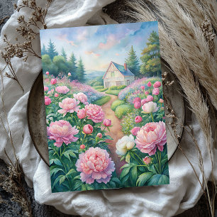 Watercolor cosy white house pink peonies garden tissue paper