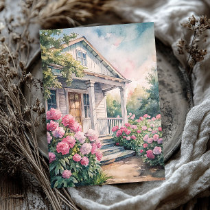 Watercolor cosy white house pink peonies tissue paper